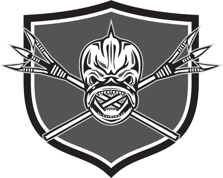 Illustration of a skull of dorado dolphin fish mahi-mahi with crossed primitive spearfishing spear set inside crest shield on isolated background done in retro style.のイラスト素材