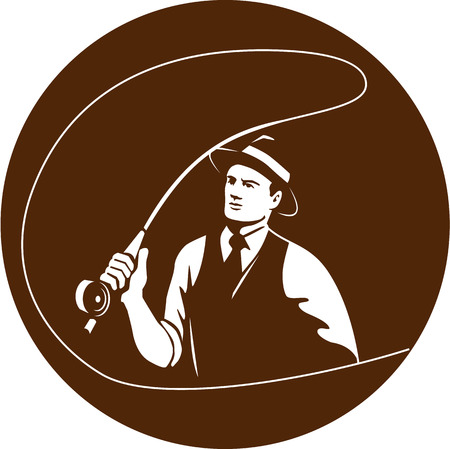 Illustration of a mobster gangster fly fisherman wearing fedora hat fishing casting fly rod set inside circle on isolated background done in retro style.のイラスト素材