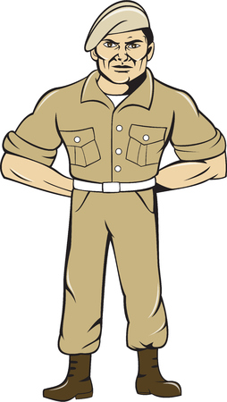 Illustration of army ranger standing in full attention with hands at the back viewed from front set on isolated white background done in cartoon style.のイラスト素材