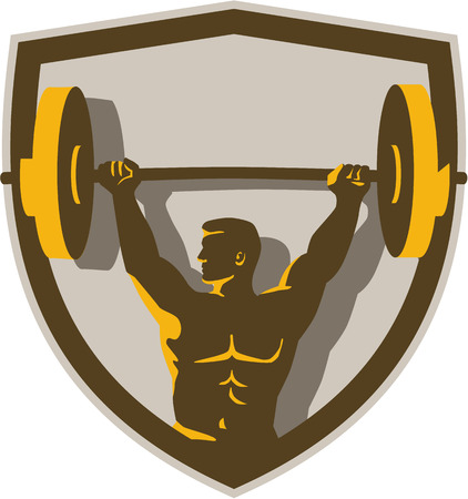 Illustration of a weightlifter lifting barbell weights with both hands looking to the side viewed from front set inside shield crest done in retro style.のイラスト素材