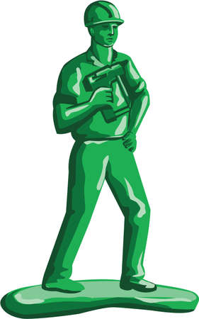 Illustration of a green plastic toy construction worker standing wearing hard hat holding nailgun and other hand on hips viewed from front set on isolated white background done in retro style.のイラスト素材