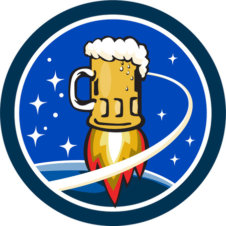 Illustration of a beer mug with rocket burners blasting off to space with stars and planet in the background set inside circle done in retro style.のイラスト素材