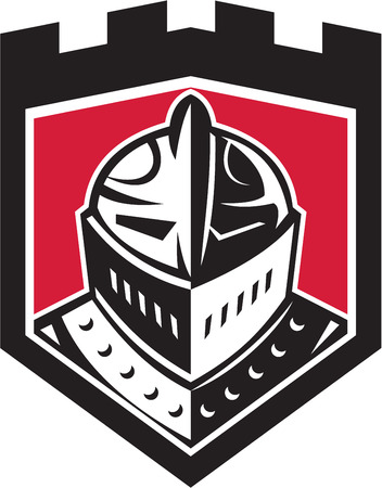 Illustration of a knight helmet viewed from front set inside shield crest done in retro style.のイラスト素材