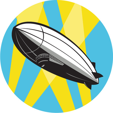 Illustration of a zeppelin blimp flying overhead set inside circle done in retro style.のイラスト素材