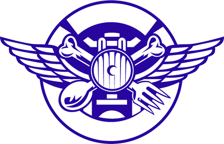 Illustration of a crossed spoon and fork with bone handle and wings with headlamp headlight in front set inside circle done in retro style.のイラスト素材