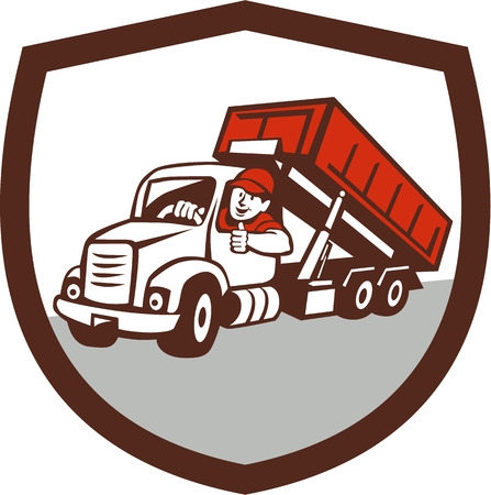 Illustration of a roll-off bin truck driver smiling with thumbs up viewed from front set inside shield crest done in cartoon style.のイラスト素材