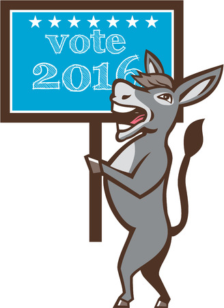 Illustration of a democrat donkey mascot of the democratic grand old party gop smiling holding a sign placard with Vote 2016 and stars set on isolated background done in cartoon style.のイラスト素材