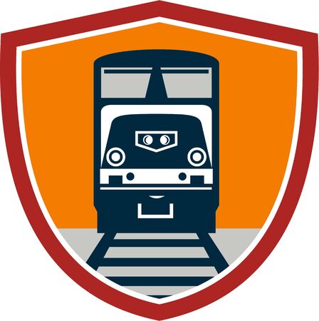 Illustration of a diesel freight train on rail track viewed from front set inside shield crest done in retro style.のイラスト素材