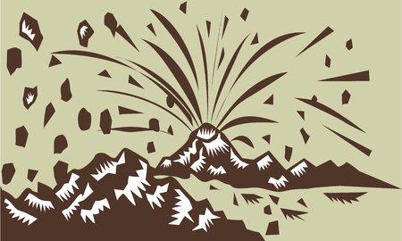 Illustration of a volcano erupting volcanic eruption resulting to island formation done in retro...