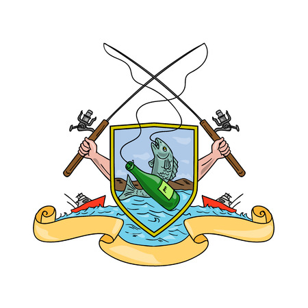 Drawing sketch style illustration of hand holding fishing rod and reel hooking a beer bottle and fish with deep sea fishing boat on side set inside crest shield shape coat of arms done in retro style.のイラスト素材
