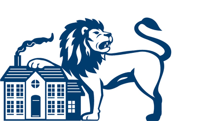 Illustration of an angry lion looking to the side with it's paw on house set on isolated white background viewed from front done in retro style.のイラスト素材