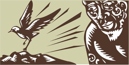 Illustration of Samoan legend god Tagaloa peeking looking at his plover bird daughter land to a treeless island done in retro woodcut style.のイラスト素材