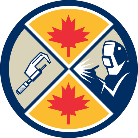 Illustration of a millwright caliper welder and Canada maple leaf set inside circle done in retro style.のイラスト素材