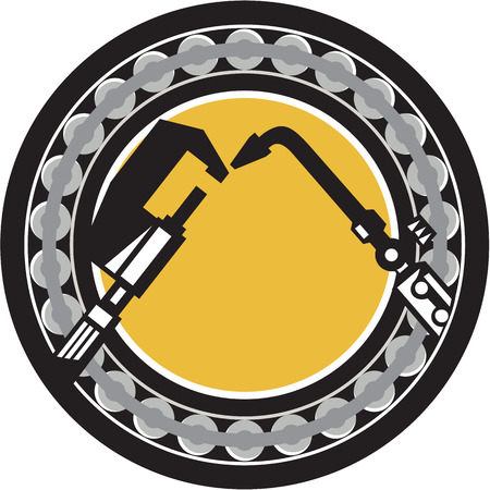 Illustration of a welding torch and caliper set inside ball bearing circle done on isolated background done in retro style.のイラスト素材