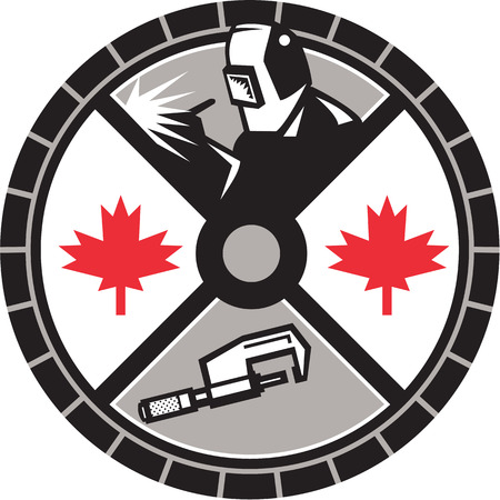 Illustration of a welder welding, caliper and Canada maple leaf set inside circle done in retro style.のイラスト素材