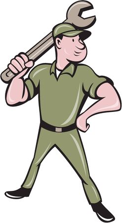 Illustration of a mechanic standing wielding holding spanner wrench looking to the side viewed from front set on isolated white background done in cartoon style.のイラスト素材