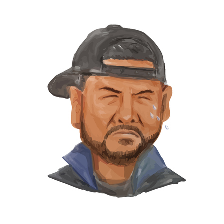 Watercolor style illustration of an african-american man with beard wearing hat crying viewed from the front set on isolated white background.のイラスト素材