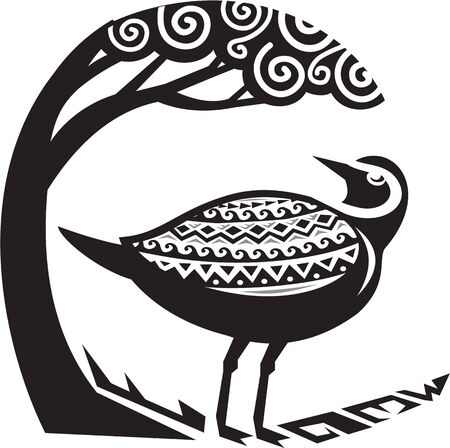 Tribal Art style illustration of a Pacific golden plover, Pluvialis fluva or kolea, a medium-sized plover standing looking up to a tree viewed from the side set inside circle.のイラスト素材