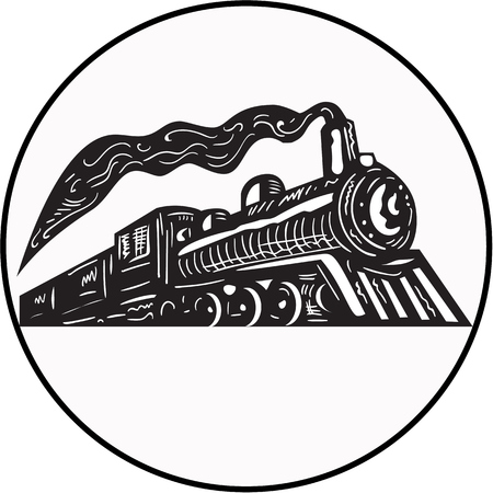 Illustration of a steam train locomotive coming up viewed from low angle set inside circle on isolated background done in retro woodcut style.のイラスト素材