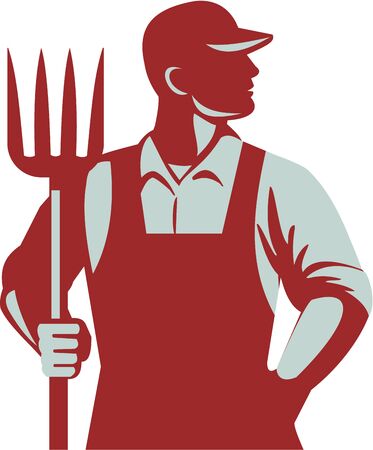 Illustration of organic farmer holding pitchfork looking to the side with one hand in pocket viewed from front  set on isolated white background done in retro style.のイラスト素材