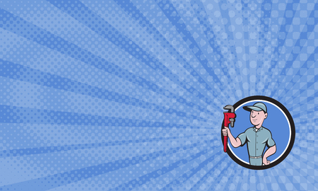 Business card  showing Illustration of a repairman handyman worker wearing hat carrying holding monkey wrench looking to the side viewed from front set inside circle done in cartoon style.の写真素材