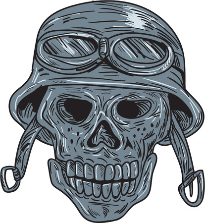 Drawing sketch style illustration of a skull biker wearing bike helmet viewed from front set on isolated white background.のイラスト素材