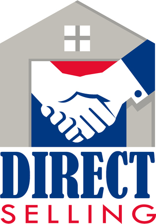 Illustration of a handshake set inside a house with the words text Direct Selling done in retro style.のイラスト素材