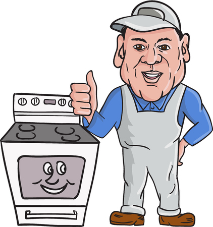 Illustration of an oven cleaner technician wearing hat and overalls thumbs up facing front with oven on the side set on isolated white background done in cartoon style.のイラスト素材