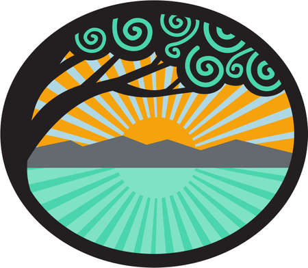 Illustration of a monkeypod tree with mountain, sea and sunrise in the background set inside oval shape done in retro style.のイラスト素材