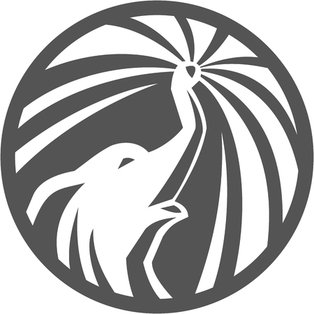 Illustration of an elephant head spraying water from trunk viewed from the side set  inside circle done in retro style.のイラスト素材