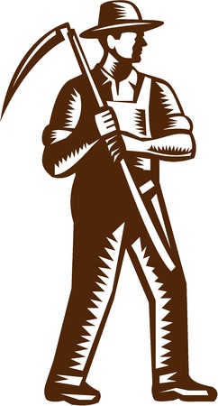Illustration of an organic farmer farm worker full body wearing hat holding scythe facing side set on isolated white background done in retro woodcut style.のイラスト素材