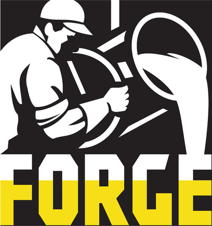 Illustration of a foundry metal worker wearing hat looking down pouring molten metal set inside square shape done in retro style.のイラスト素材