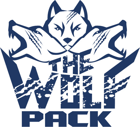 Illustration of a pack of wolf heads viewed from front set on isolated white background with the text words The Wolf Pack done in retro style.のイラスト素材