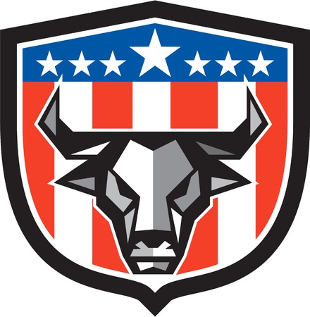 Low polygon style illustration of a bull cow head facing front set inside shield crest with usa american stars and stripes flag in the background.のイラスト素材