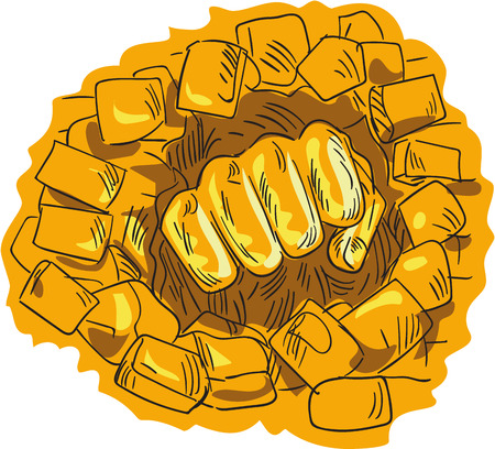 Drawing sketch style illustration of a clenched fist breaking brick stone wall set on isolated white background.のイラスト素材