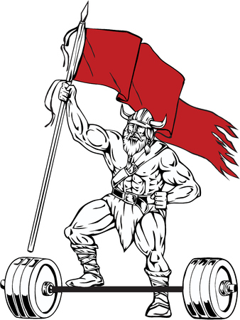 Illustration of a norseman viking warrior raider barbarian with beard wearing horned helmet stepping on barbell waving red flag viewed from front set on isolated white background done in retro style.のイラスト素材
