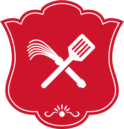 Illustration of a spatula crossed with a flogger whip set inside shield crest done in retro style.のイラスト素材