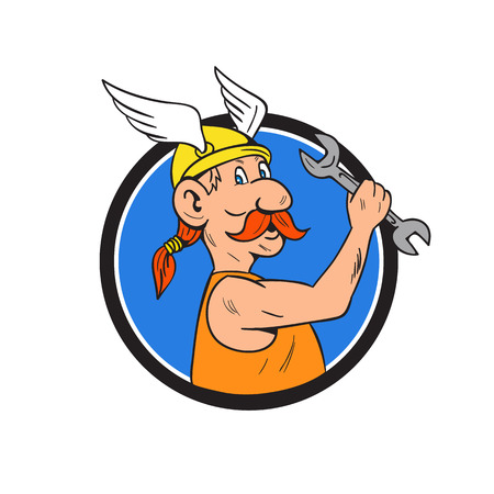 Illustration of a viking repairman holding spanner viewed from the side set inside circle on isolated background done in cartoon style.のイラスト素材