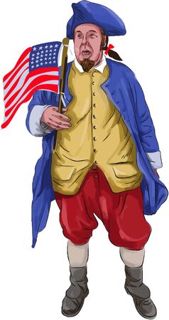 Watercolor style illustration of an american patriot shouting holding usa flag viewed from front set on isolated white background.のイラスト素材