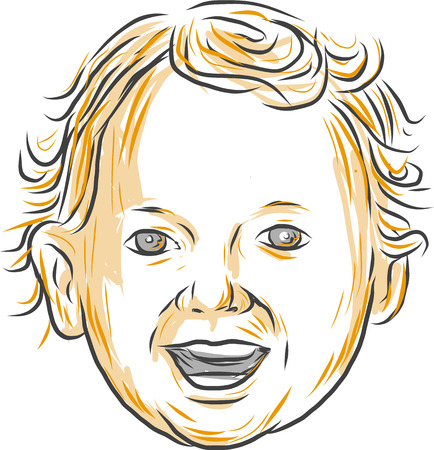 Drawing sketch style illustration of a Caucasian toddler, aged 1 to 3 years old with curly hair smiling viewed from front set on isolated white background.のイラスト素材