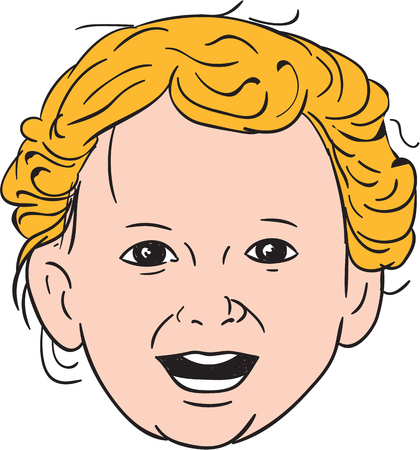 Drawing sketch style illustration of a head of a blonde caucasian toddler smiling viewed from front set on isolated white background done.のイラスト素材