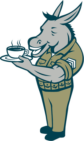 Illustration of a donkey army sergeant smiling standing holding cup and saucer drinking coffee viewed from the side set inside circle with stars done in cartoon style.のイラスト素材