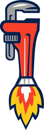 Illustration of a pipe wrench rocket booster set on isolated white background viewed from the side done in retro style.のイラスト素材