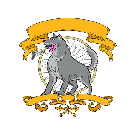 Drawing sketch style illustration of a timber wolf biting a plumeria flower looking to the side with dreamcatcher in the background and ribbon and scroll on isolated background.のイラスト素材