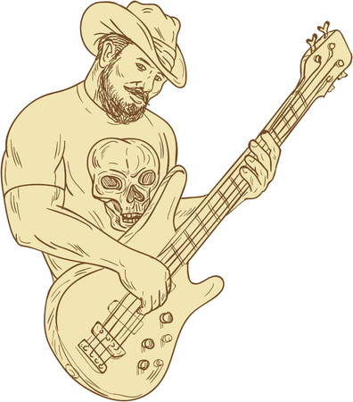 Drawing sketch style illustration of a  bearded cowboy wearing hat holding playing bass guitar viewed from front set on isolated white background.のイラスト素材