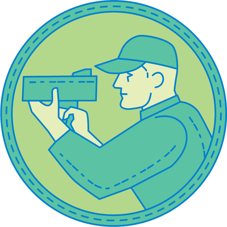 Mono line style illustration of a policeman police officer pointing speed radar gun viewed from the side set inside circle on isolated background.のイラスト素材