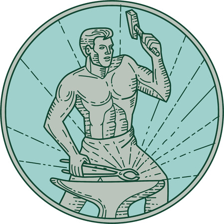 Mono line style illustration of a blacksmith worker holding hammer hammering striking at anvil viewed from front set inside circle on isolated white backgroundのイラスト素材