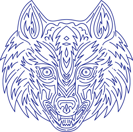 Mono line style illustration of a head of a grey wolf viewed from the front  set on isolated white background.のイラスト素材