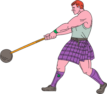 Drawing sketch style illustration of a Scottish heavy event highland games athlete engaged in weight throw viewed from the side set on isolated white background.のイラスト素材