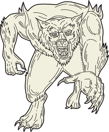 Mono line style illustration of a werewolf monster running forward set on isolated white background viewed from front.のイラスト素材